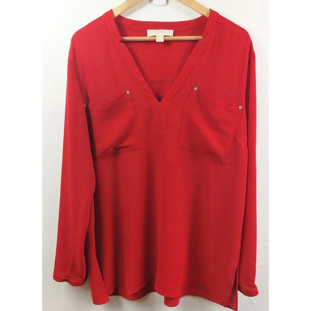 Michael Kors Women’s Red Solid V-Neck Long Sleeve Blouse XL